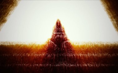 Keşiş iskeleti adımlara oturur ve kutuyu tutar. Turuncu renk arka plan. Korku türü.