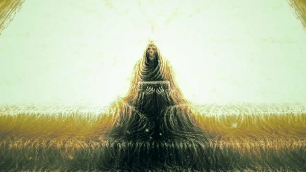 İskelet keşiş merdivenlerinde oturur ve kutusunu tutar. Korku tür.