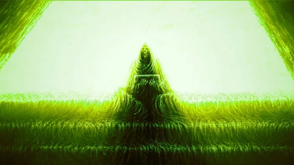 僧人的骨架坐在台阶上拿着箱子 恐怖类型 绿色背景 — 图库照片