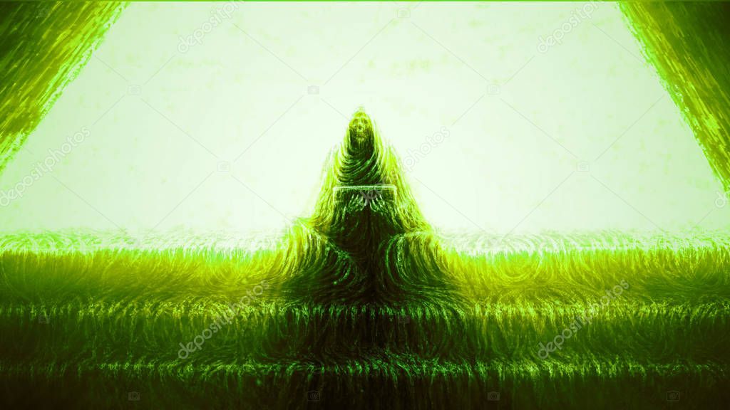 Skeleton of monk sits on steps and holds box. Horror genre. Green color background.