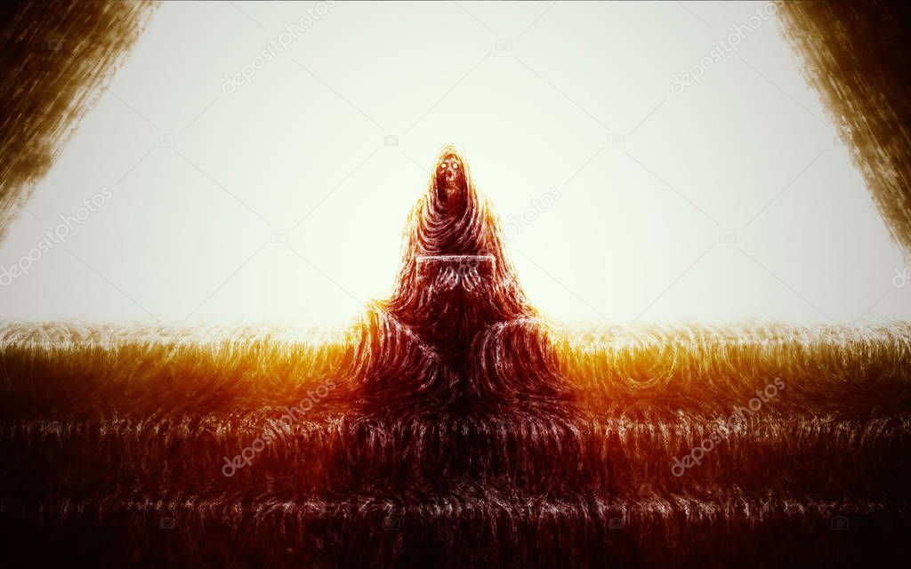 Skeleton of monk sits on steps and holds box. Orange color background. Horror genre.