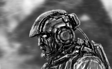 Uzay piyade ağır tüfekle yürür. Bilim kurgu karakter asker. Yan görünüm.