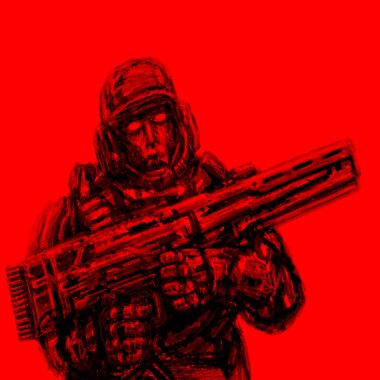 Soldier gelecek. Önden Görünüm. Kırmızı arka plan. Bilim kurgu tür.