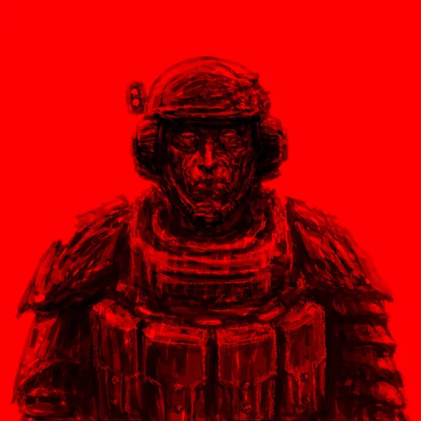 スーツの宇宙警察官 サイエンス フィクションのジャンル 正面から見た図 赤の背景 — ストック写真