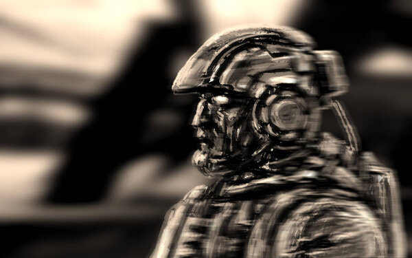 Space infantry walks with a heavy rifle. Science fiction character soldier. Side view.