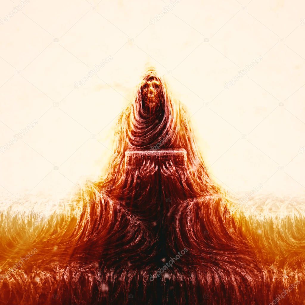 Skeleton of monk sits on steps and holds box. Horror genre. Orange color background.