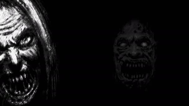 可怕的僵尸面孔从黑暗中出现 恐怖类型的动画 黑色和白色 — 图库视频影像