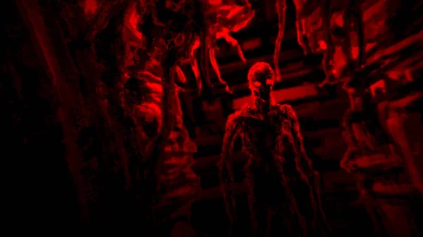 Темний зомбі стоїть в коридорі космічний корабель з блимаючим червоним світлом . — стокове фото