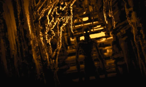 Dunkler Zombie steht im Korridor-Raumschiff mit blinkendem orangefarbenem Licht. — Stockfoto