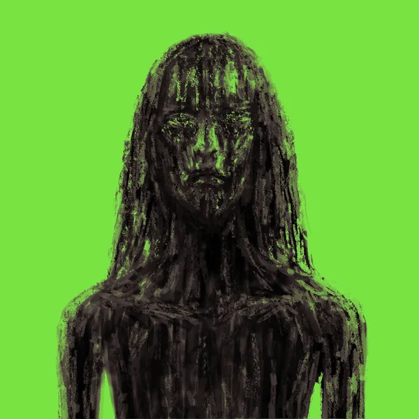 泥泞中的可怕的森林女孩。绿色背景色. — 图库照片
