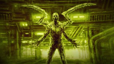 Fabrika zemin yeşil arka plan üzerinde Evil zombi mantis.