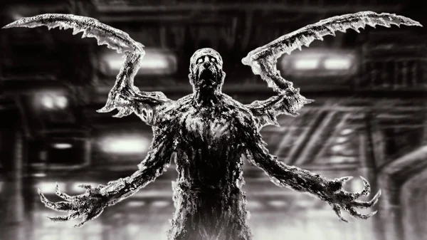 Темное зомби-насекомое стоит внутри космического корабля с мигающим светом — стоковое фото