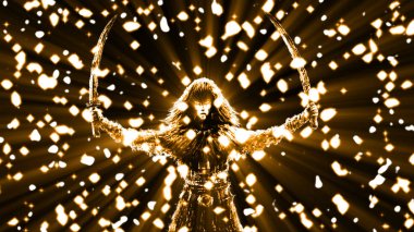 İki yükseltilmiş kılıç ile parlayan savaşçı kız.