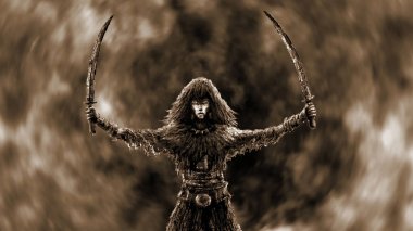 İki yükseltilmiş sabers ile savaşçı kız.