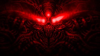 Kabloları ve mekanizmaları olan sibernetik organizmanın korkunç kafatası kafası. Kırmızı renk