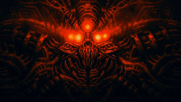 Terrible skull head of cybernetic organism with wires. Illustration in genre of horror fiction. Red color