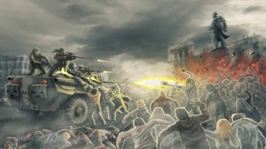 Horde zombi ölü şehrin sokakta çekim askerlersaldırı