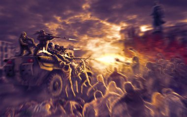 Korkunç canavarlar askeri teçhizat üzerinde horde saldırı