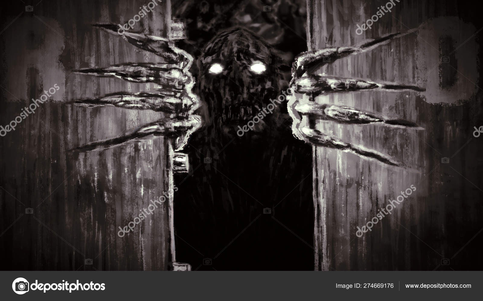 Door with Black Angry Scary Monster Face. Stock Photo - Image of