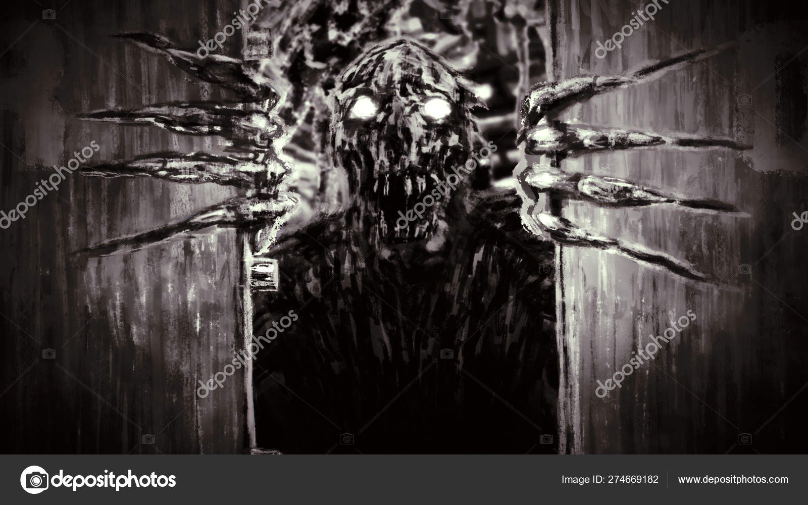 Enraged Zombie Monster Opens Bunker Doors And Growls Stock