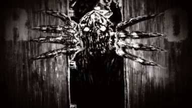 Öfkeli zombi canavar Bunker kapıları açar ve growls.