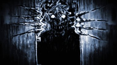 Öfkeli zombi canavar Bunker kapıları açar ve growls.