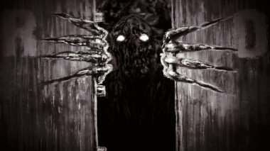 Öfkeli zombi canavar Bunker kapıları açar ve growls.