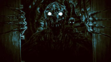 Öfkeli zombi canavar Bunker kapıları açar ve growls.