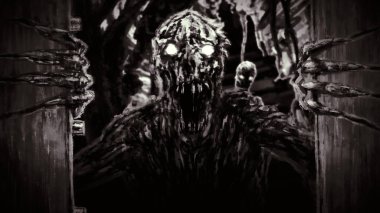 Öfkeli zombi canavar Bunker kapıları açar ve growls.