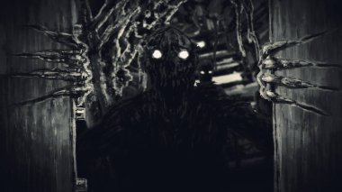 Öfkeli zombi canavar Bunker kapıları açar ve growls.