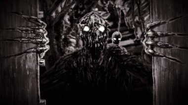 Öfkeli zombi canavar Bunker kapıları açar ve growls.