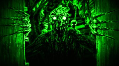 Öfkeli zombi canavar Bunker kapıları açar ve growls.