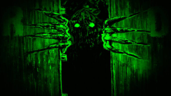 Enraged zombie monster opens bunker doors and growls.