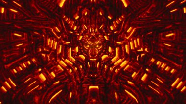 Siber Duvar ile baş-kabartma ve çıkıntılı robot kafası. Kırmızı renk.