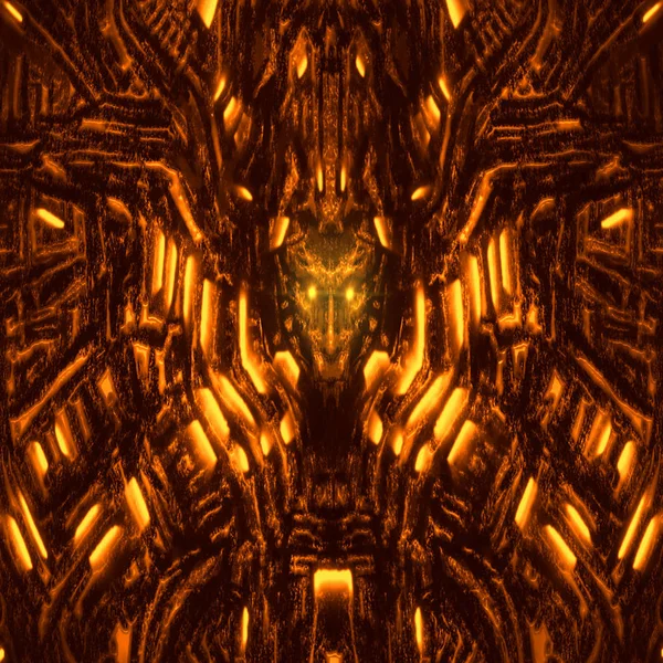 Alien-Wand mit Flachrelief und hervorstehendem Roboterkopf. orange Farbe. — Stockfoto