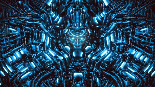 Електронна стіна з барельєфом і виступаючою головою робота. Синій колір . — стокове фото