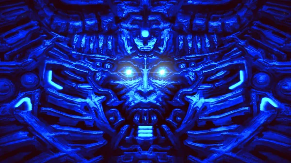 Ηλεκτρονικός τοίχος με ανάγλυφο και προεξέχον ρομποτικό κεφάλι. Μπλε χρώμα. — Φωτογραφία Αρχείου