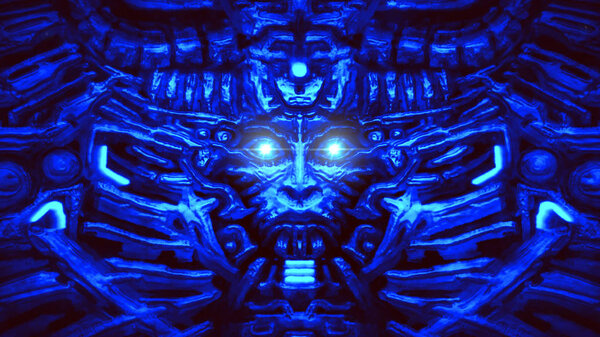 Electronic wall with bas-relief and protruding robot head. Glowing lamps and mechanisms under water. Blue color background. Illustration in genre of horror fiction.