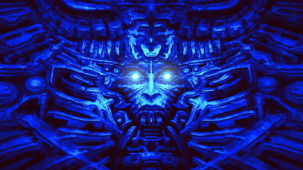 Electronic wall with bas-relief and protruding robot head. Illustration in genre of horror fiction. Glowing lamps and mechanisms under water. Blue color background.