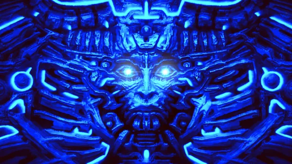 Elektronik duvara bas-kabartma ve çıkıntılı robot kafası. Mavi renk.