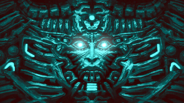 Electronic wall with bas-relief and protruding robot head. Illustration in genre of horror fiction. Glowing lamps and mechanisms under water. Blue color background.