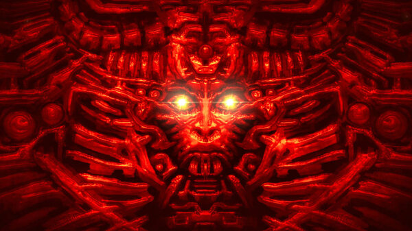 Cyber wall with robot head bas-relief in form of woman face. Glowing lines and patterns. Illustration in genre of horror fiction. Red color background.