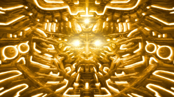 Golden wall of goddess with woman face bas-relief. Laser show and discos. Illustration in genre of science fiction. Orange background. Culture and religion.