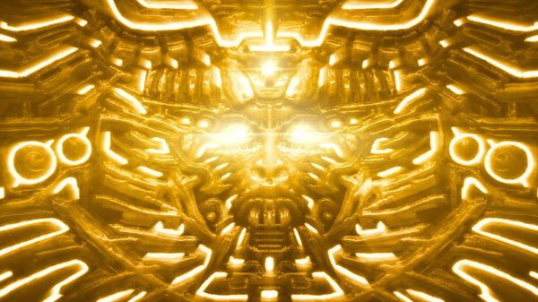 Golden wall of goddess with woman face bas-relief. Laser show and discos. Illustration in genre of science fiction. Orange background. Culture and religion.