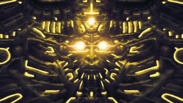 Computer monster with bas-relief and protruding robot head of woman. Bright laser beams and flashes of light. Illustration in genre of science fiction.