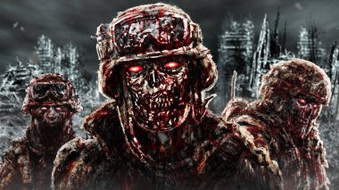Harap şehrin arka planına karşı Kötü zombi askerler.