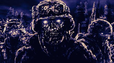 Harap şehrin arka planına karşı Kötü zombi askerler.