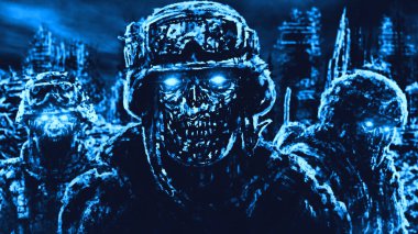 Harap şehrin arka planına karşı Kötü zombi askerler.