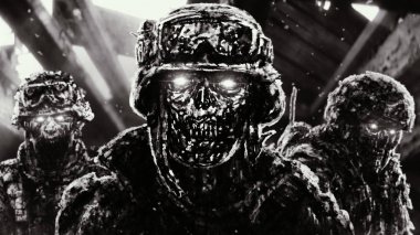 Işık ışınları ile harap evde Zombiler savaşçılar.