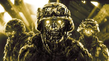 Işık ışınları ile harap evde Zombiler savaşçılar.